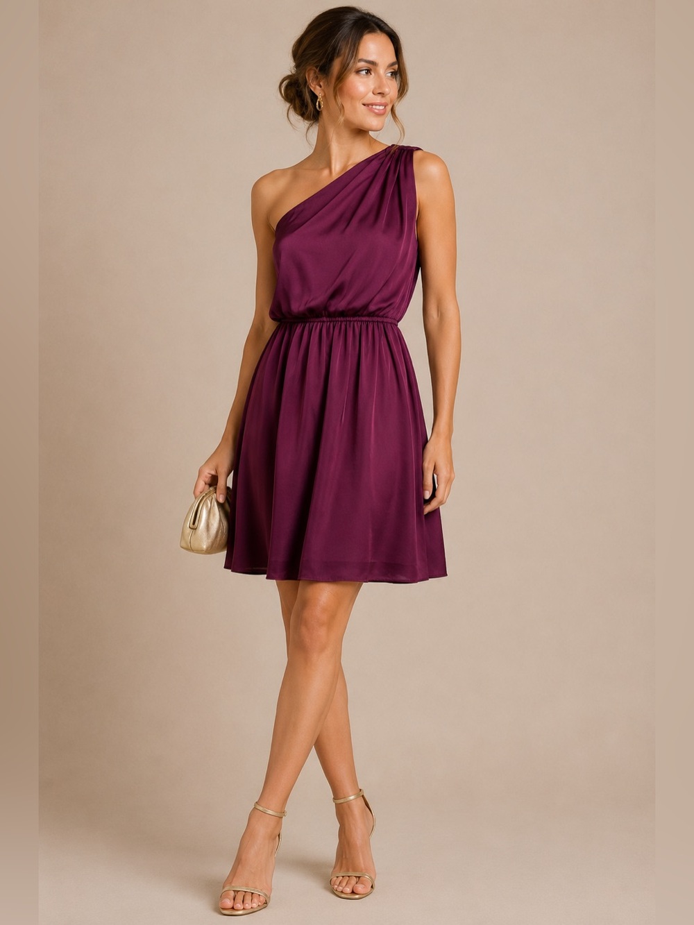 BCBGeneration Plum Satin One Shoulder Dress Romantic Wedding Guest XS